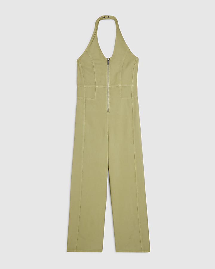 Green Halter Neck Denim Jumpsuit
