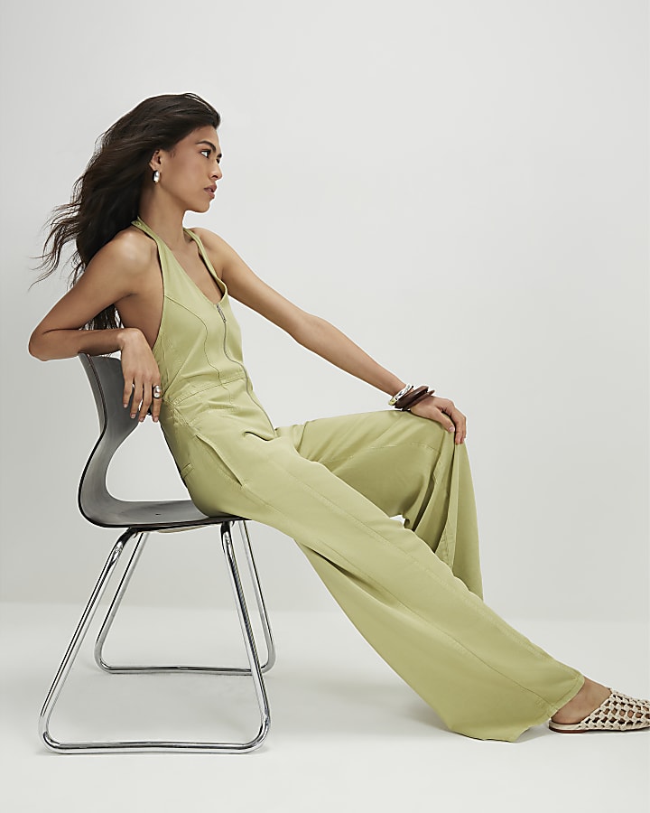 Green Halter Neck Denim Jumpsuit