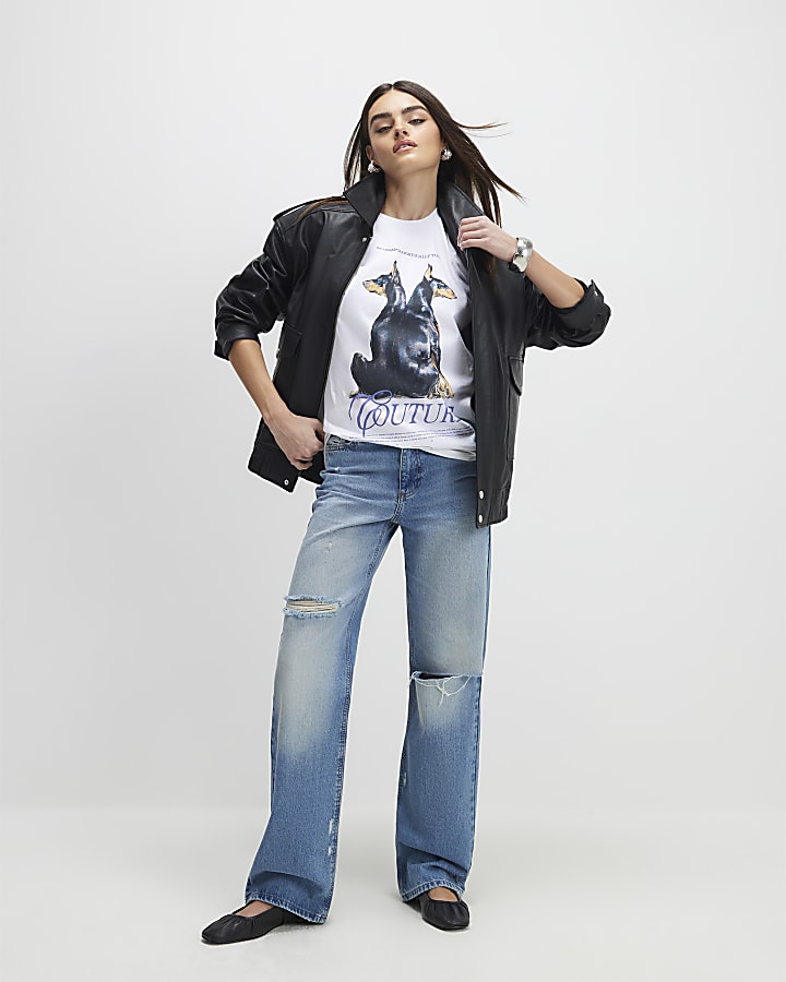 White Short Sleeve Dog Graphic T-Shirt