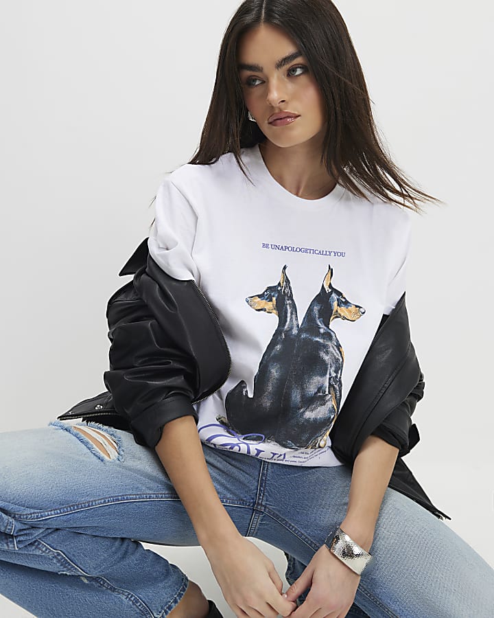 White Short Sleeve Dog Graphic T-Shirt