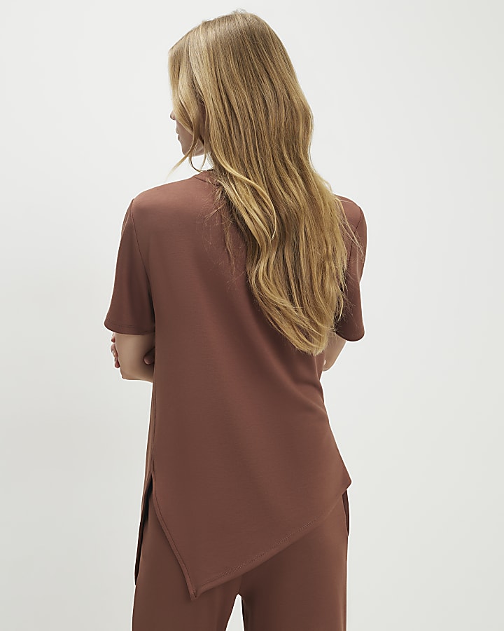Brown Short Sleeve Drape Tunic Top