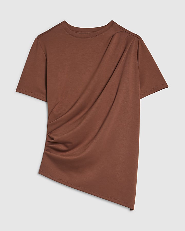 Brown Short Sleeve Drape Tunic Top