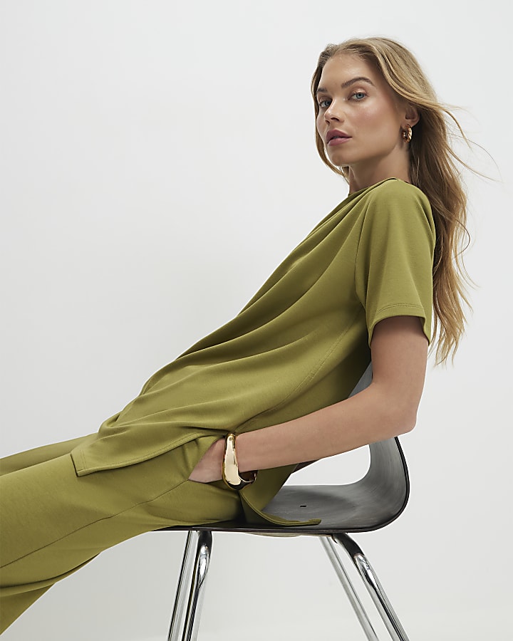 Green Short Sleeve Drape Tunic Top