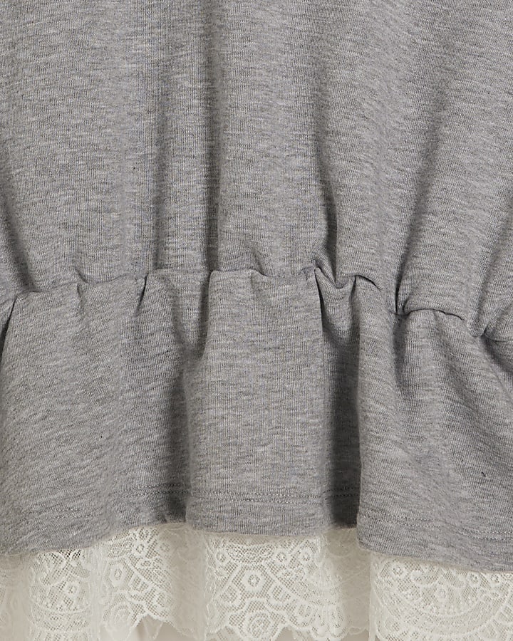 Grey Long Sleeve Lace Hem Hoodie