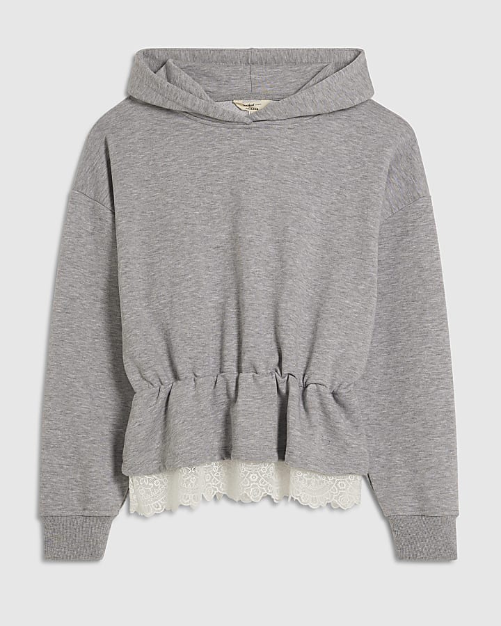 Grey Long Sleeve Lace Hem Hoodie