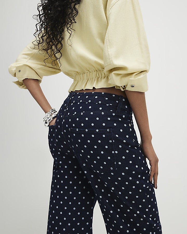 Blue Spot Print Relaxed Straight Jeans