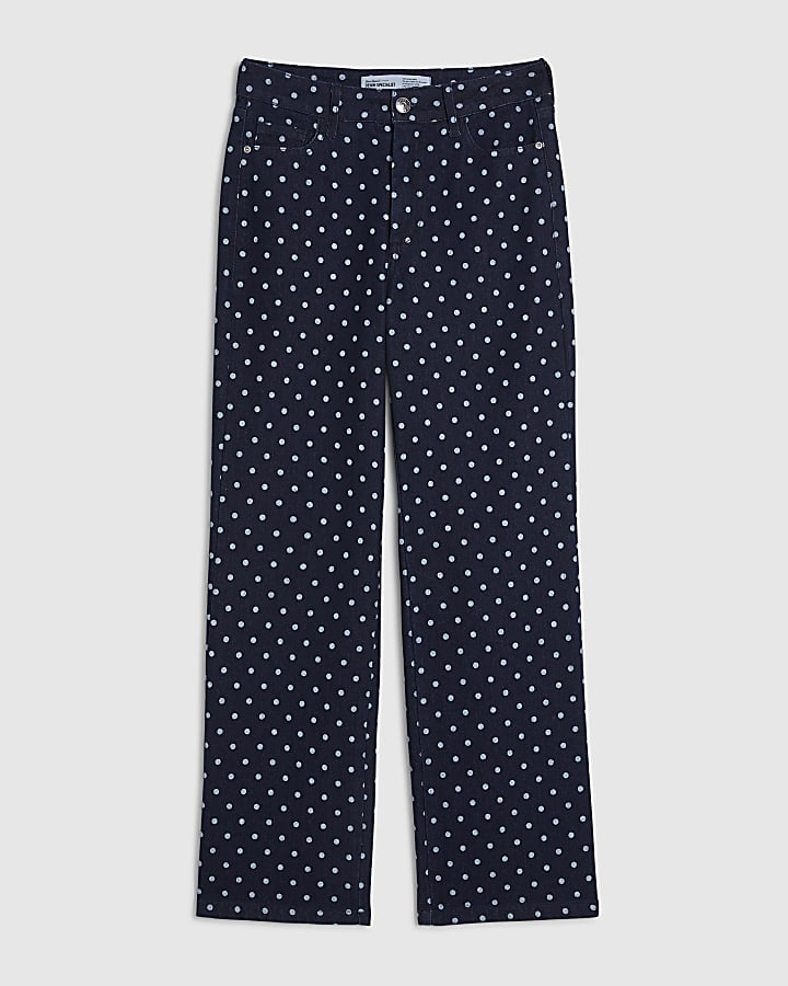 Blue Spot Print Relaxed Straight Jeans