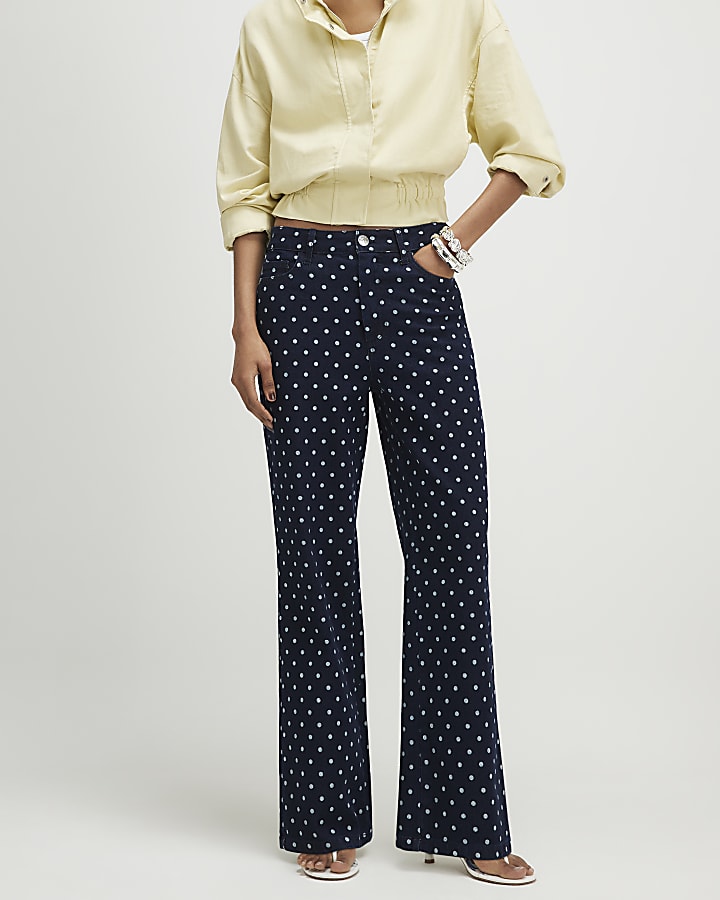 Blue Spot Print Relaxed Straight Jeans
