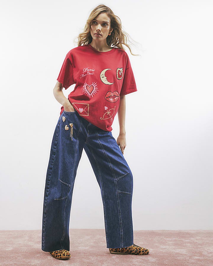 Red Short Sleeve Paris Graphic Print T-shirt