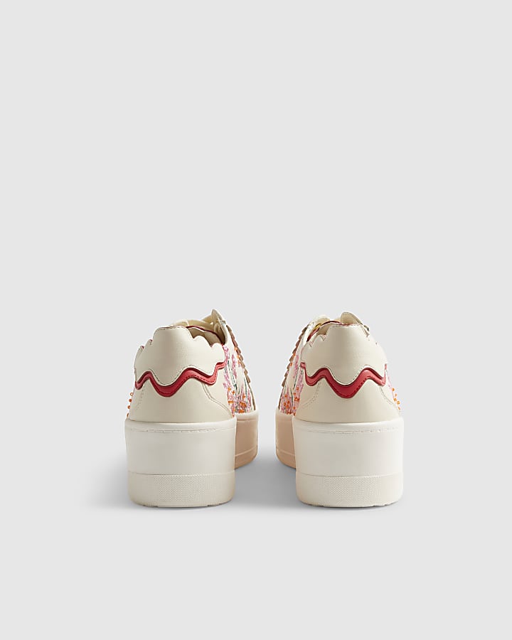 White Floral Print Platform Trainers