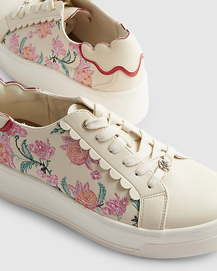 White Floral Print Platform Trainers