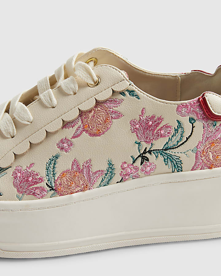 White Floral Print Platform Trainers