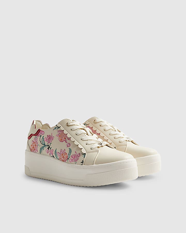 White Floral Print Platform Trainers