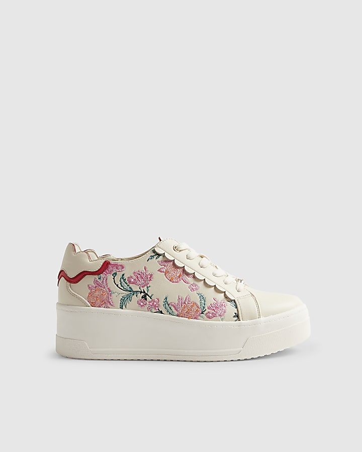 White Floral Print Platform Trainers