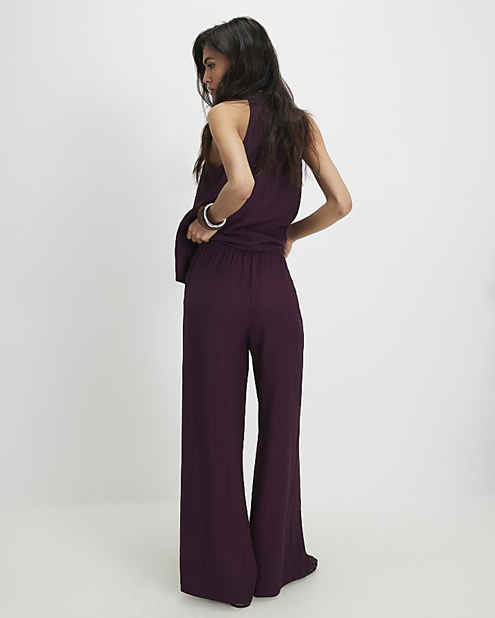 Red Textured Wide Leg Trousers