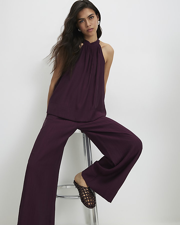 Red Textured Wide Leg Trousers