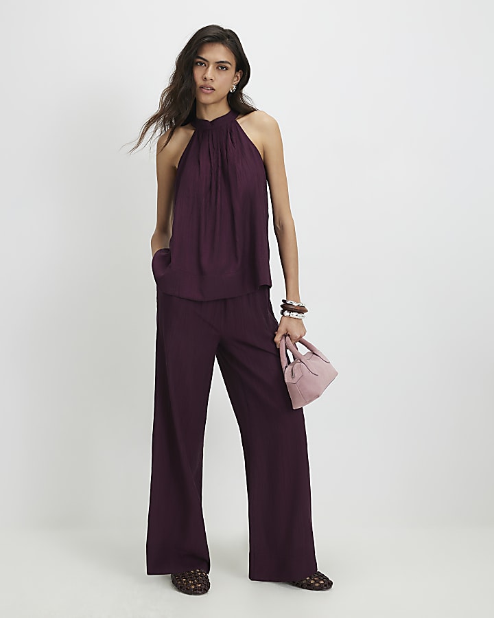 Red Textured Wide Leg Trousers