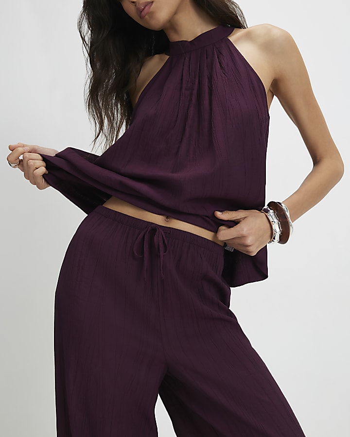 Red Textured Wide Leg Trousers