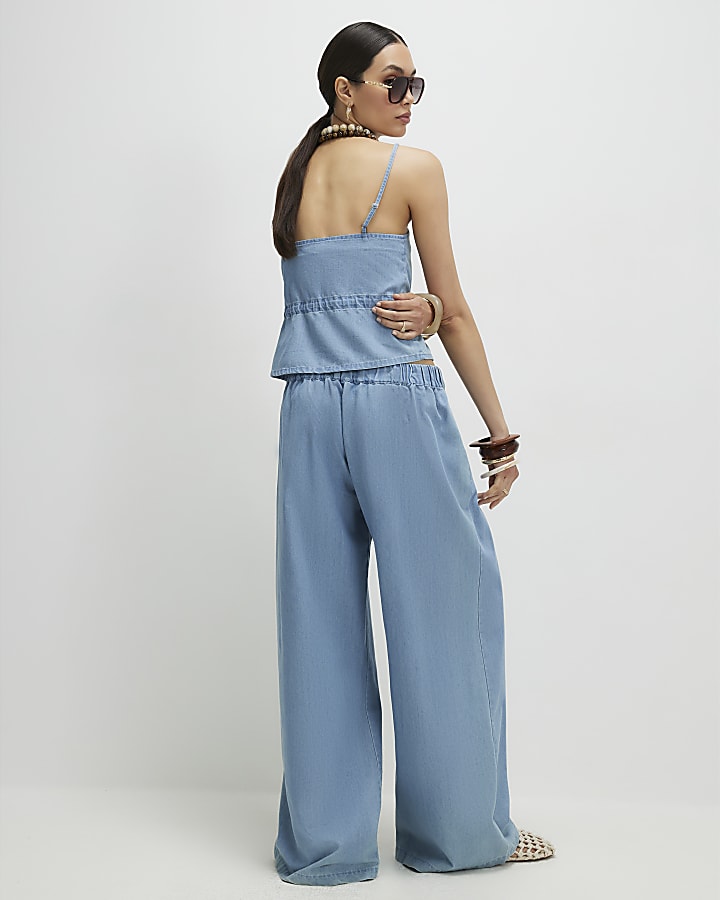 Blue Denim Look Drawstring Wide Leg Trousers