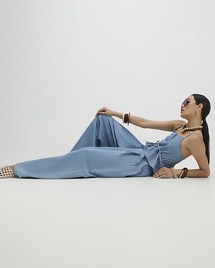 Blue Denim Look Drawstring Wide Leg Trousers