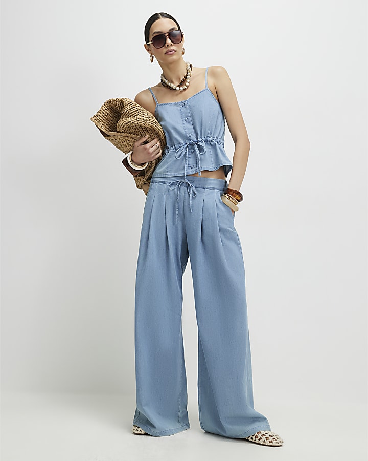 Blue Denim Look Drawstring Wide Leg Trousers