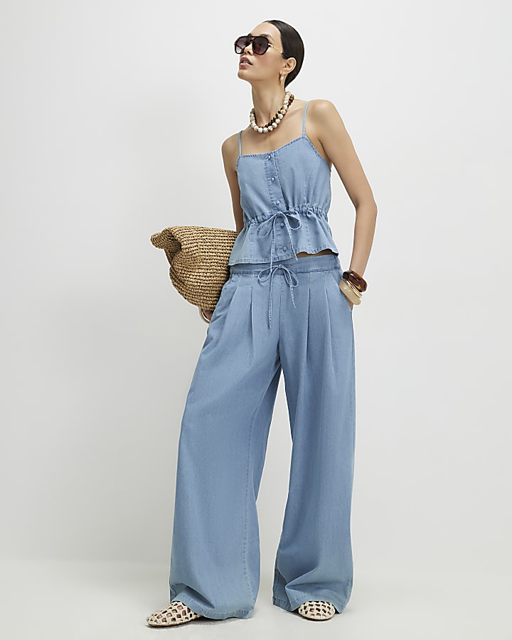 Blue Denim Look Drawstring Waist Cami Top