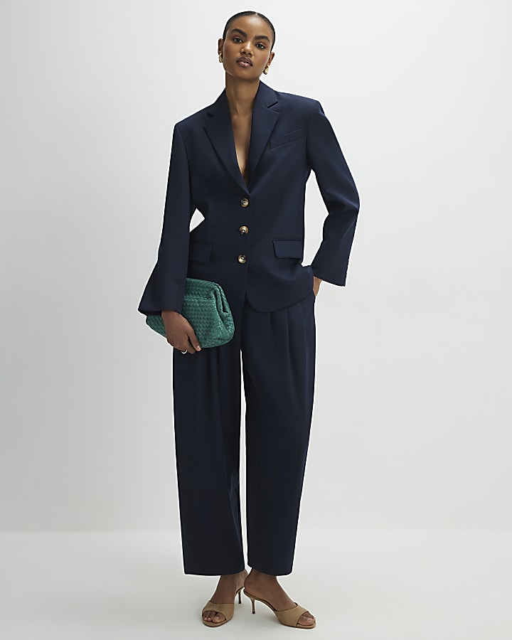 Navy Barrel Leg Trousers