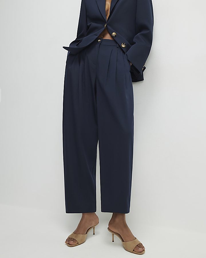 Navy Barrel Leg Trousers