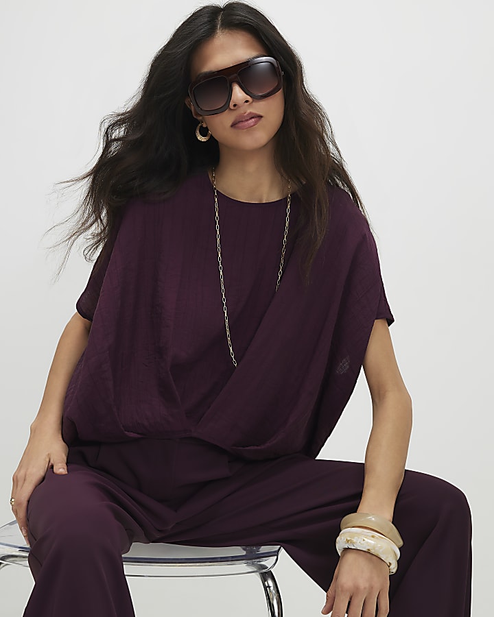 Purple Textured Tuck Hem Top