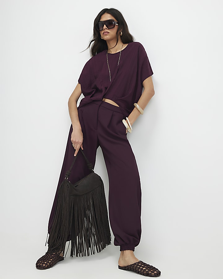 Purple Textured Tuck Hem Top