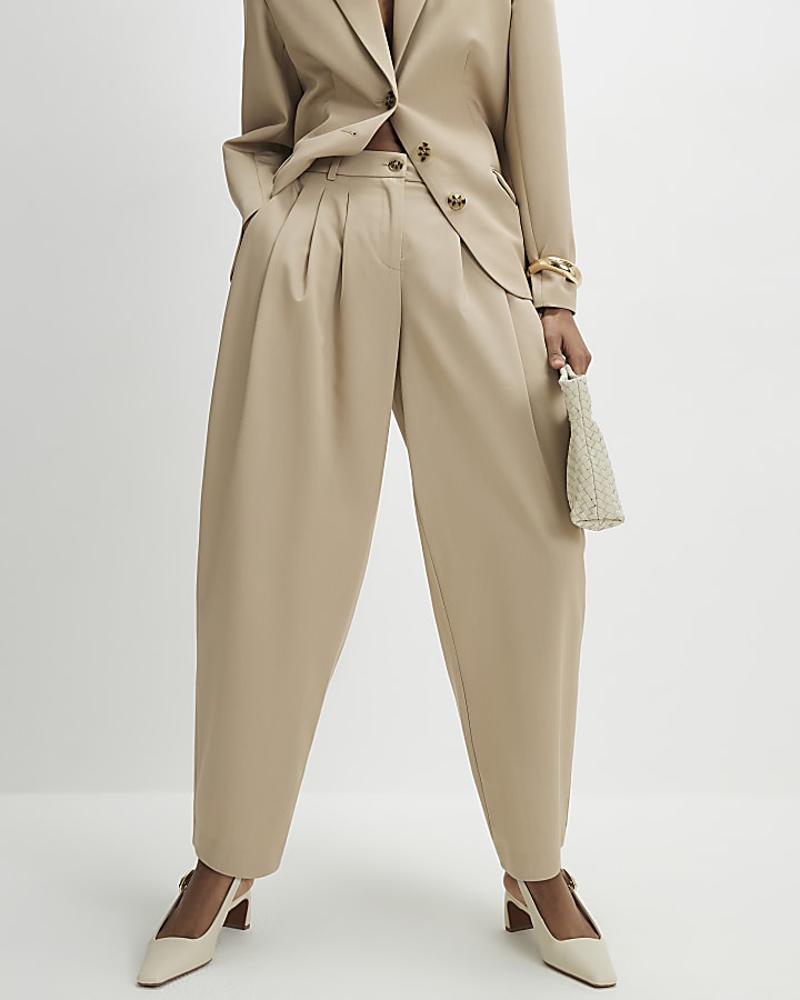 Beige Barrel Leg Trousers