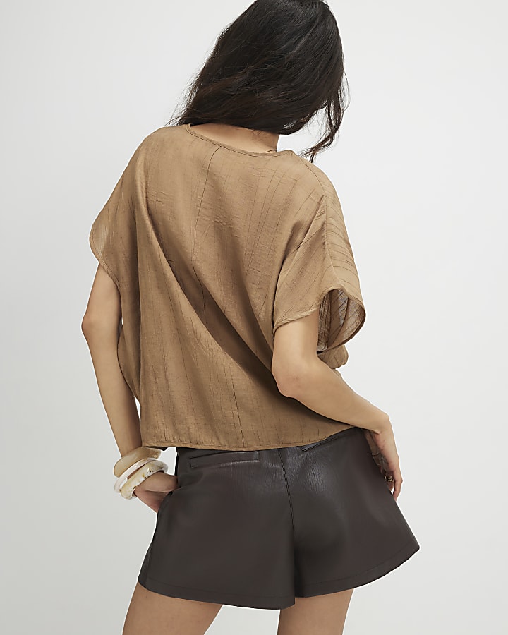 Beige Textured Tuck Hem Top