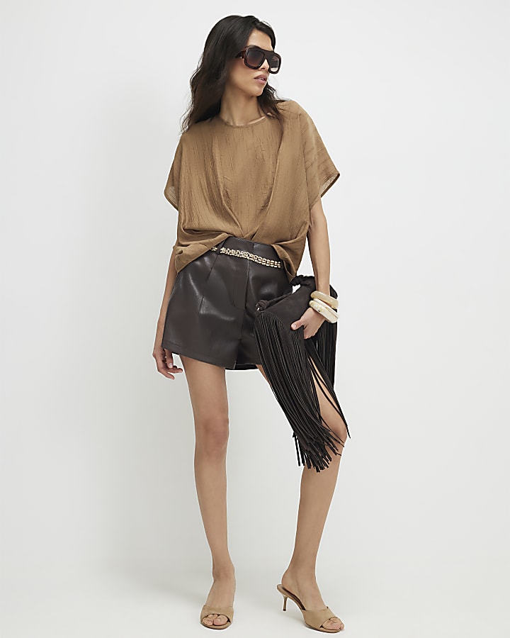 Beige Textured Tuck Hem Top
