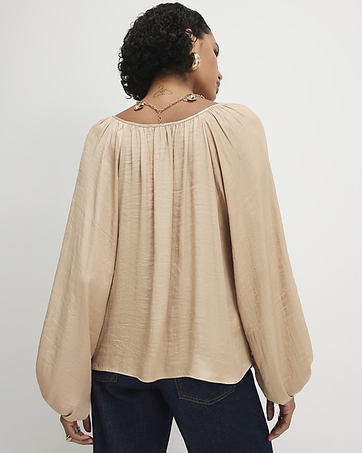 Beige Notch Neck Blouse