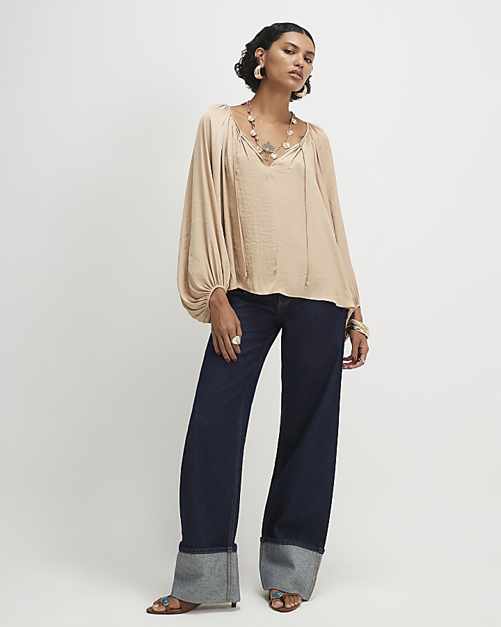 Beige Notch Neck Blouse