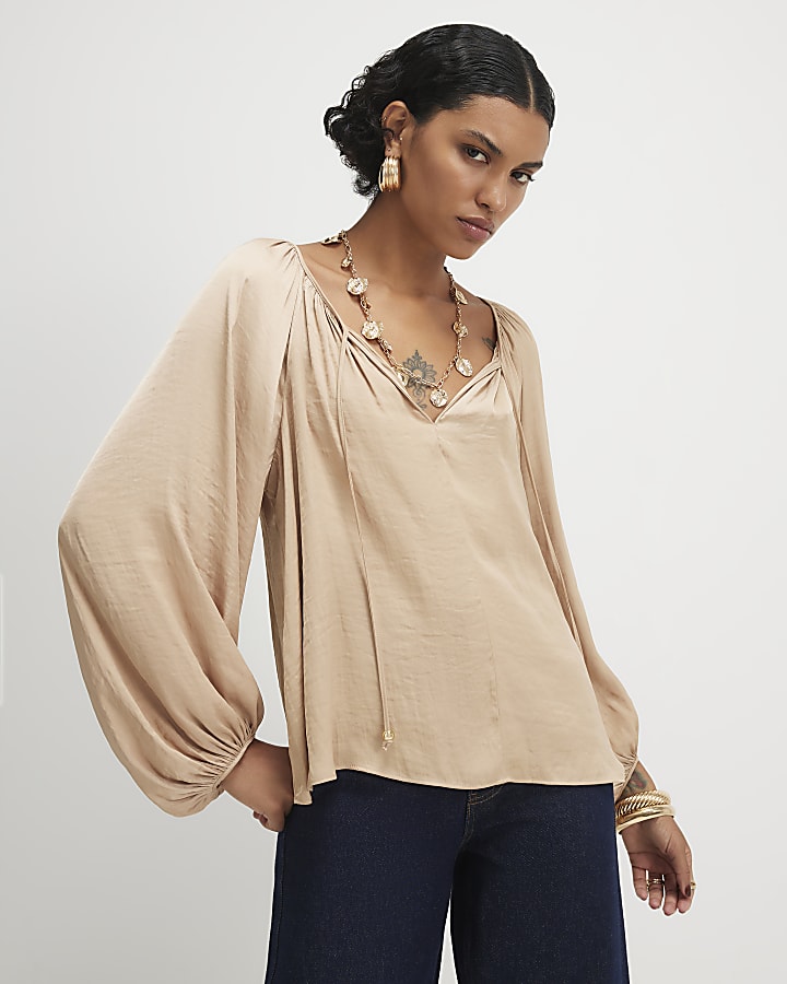 Beige Notch Neck Blouse