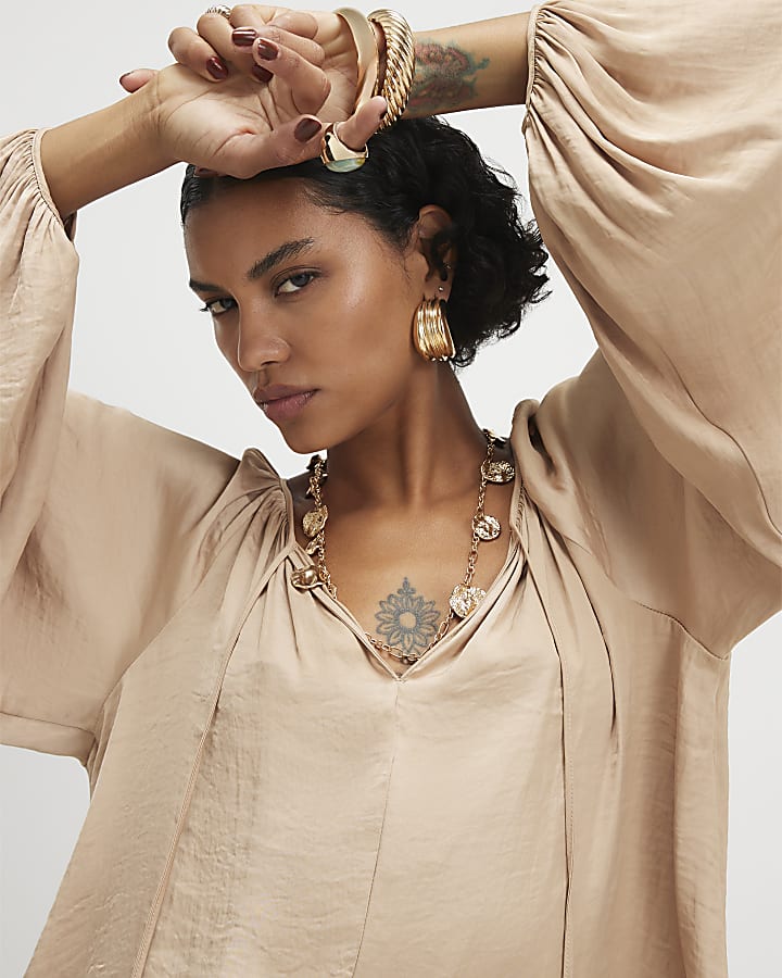 Beige Notch Neck Blouse