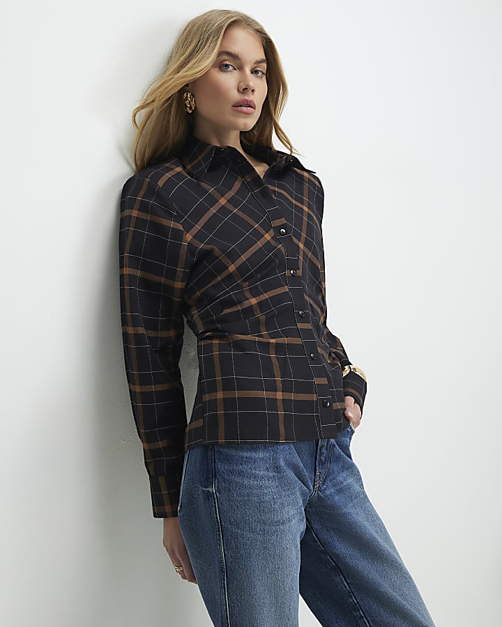 Black Check Shoulder Pad Shirt