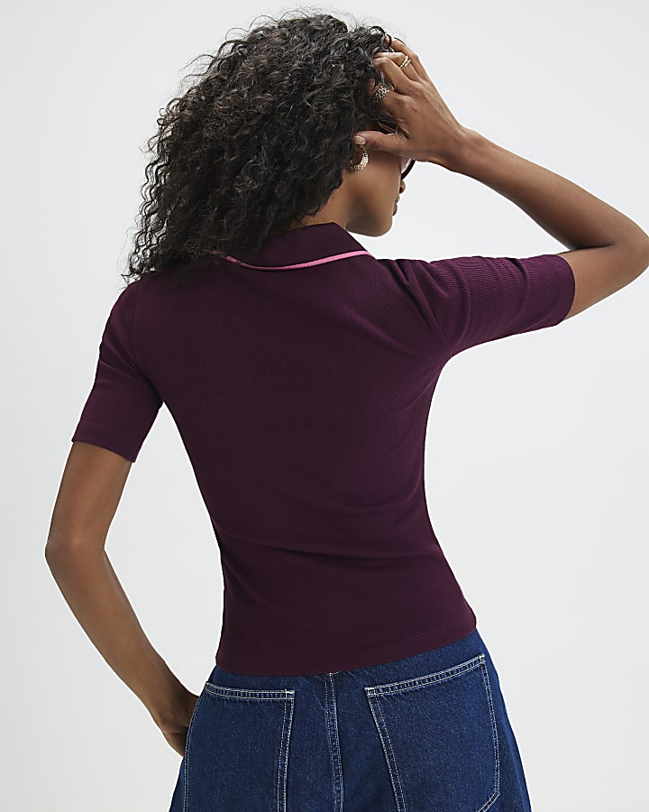 Purple Short Sleeve Ribbed Polo Top