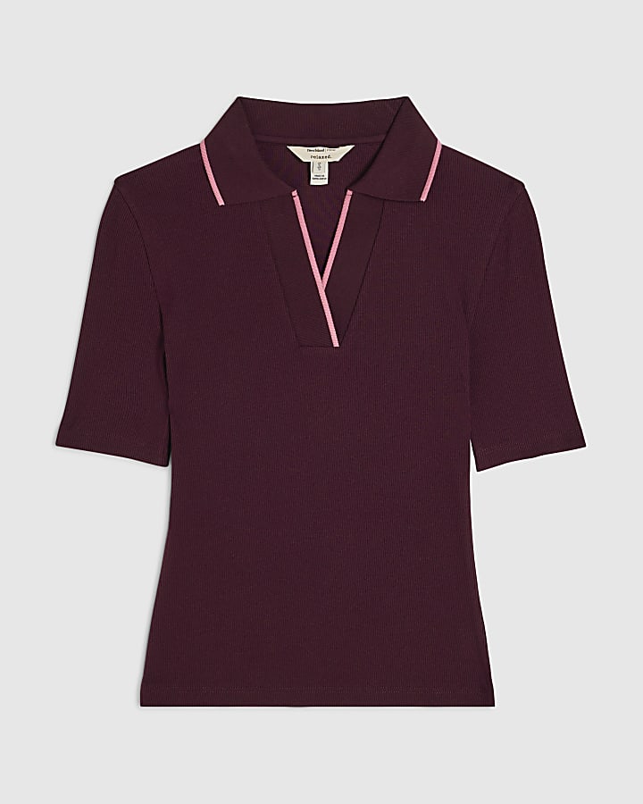 Purple Cotton Blend Ribbed Polo Top
