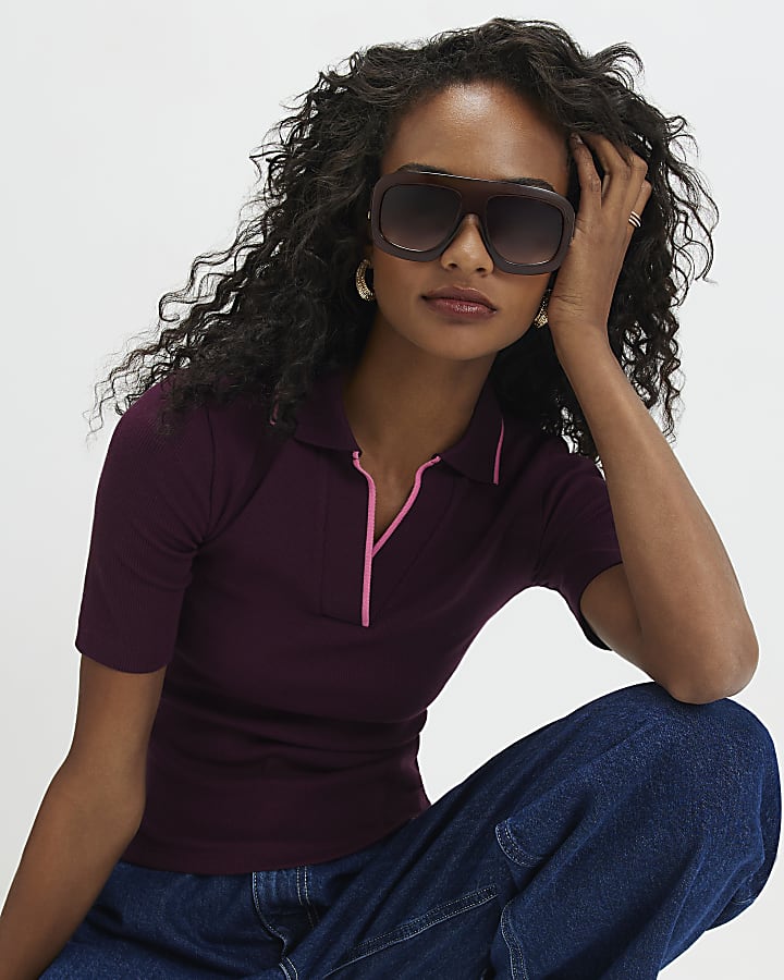 Purple Short Sleeve Ribbed Polo Top