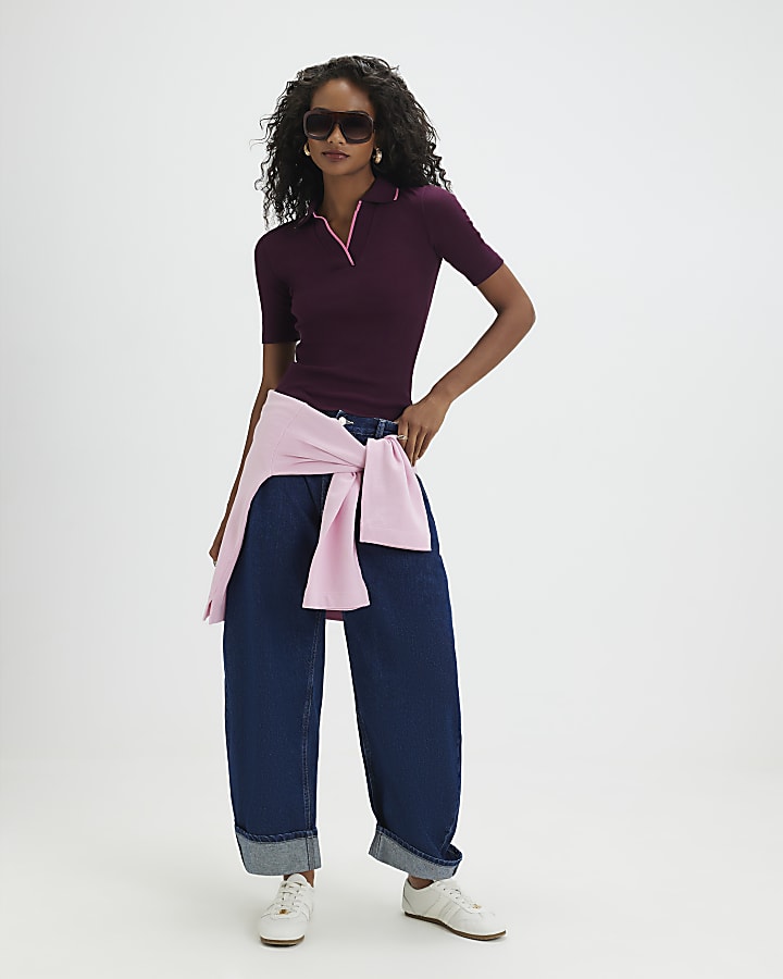 Purple Short Sleeve Ribbed Polo Top