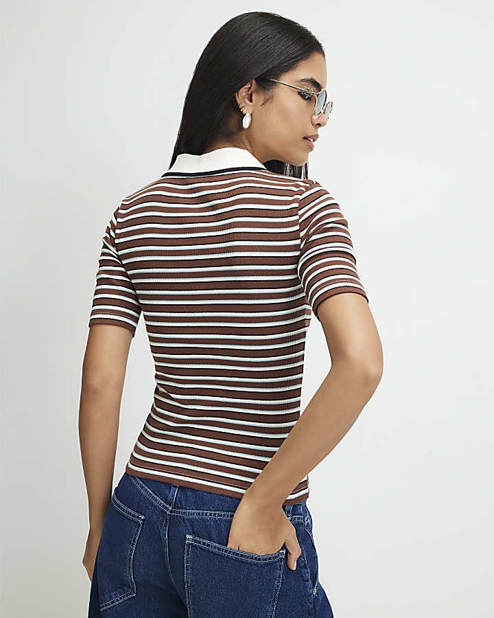 Brown Cotton Blend Striped Polo Top