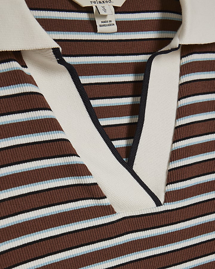 Brown Cotton Blend Striped Polo Top