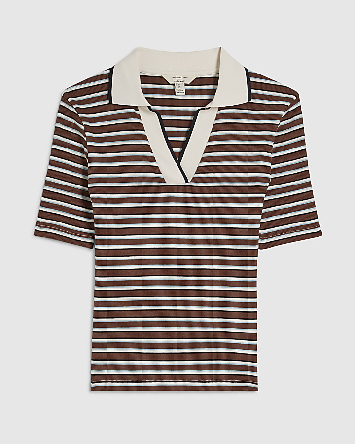 Brown Cotton Blend Striped Polo Top