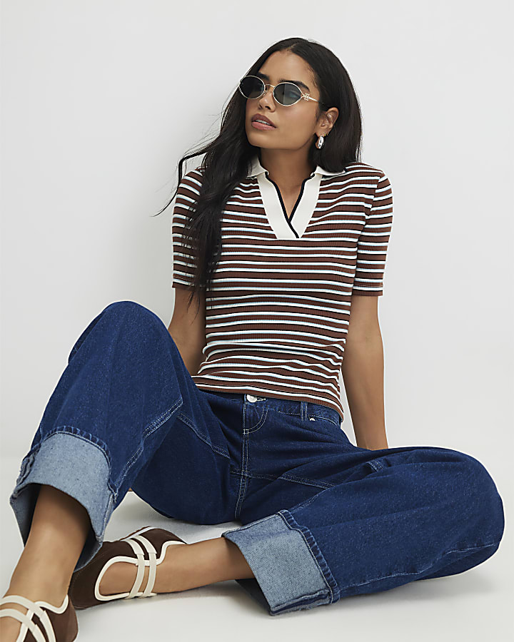 Brown Cotton Blend Striped Polo Top