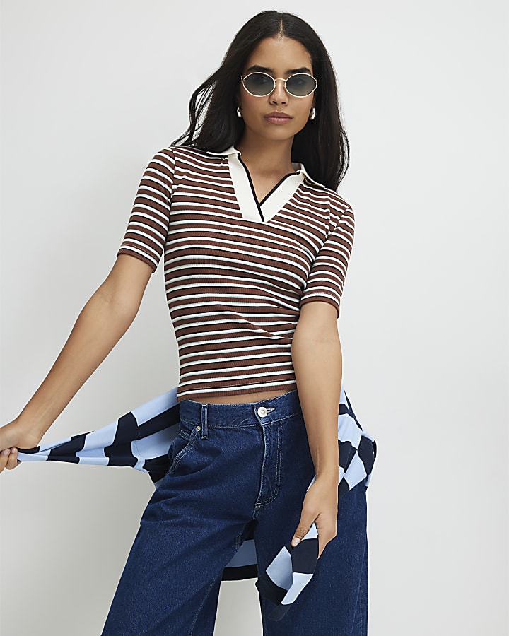 Brown Cotton Blend Striped Polo Top