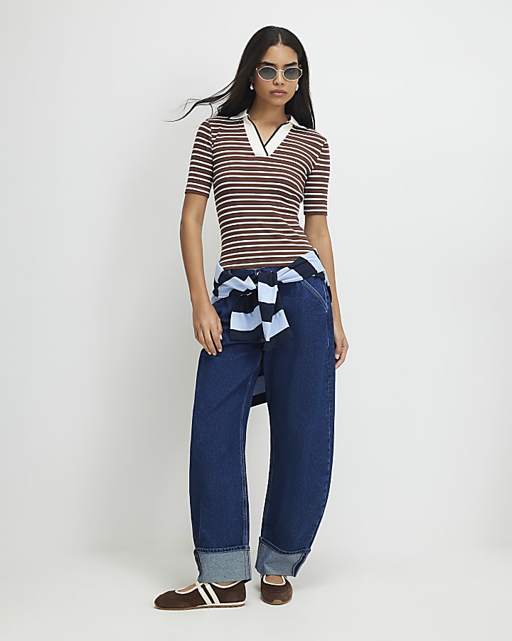 Brown Cotton Blend Striped Polo Top