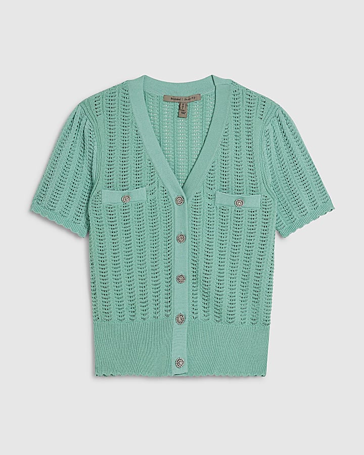 Green Short Sleeve Crochet Knit Cardigan