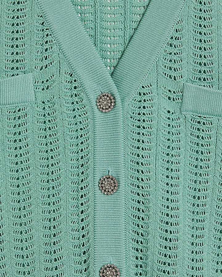 Green Short Sleeve Crochet Knit Cardigan